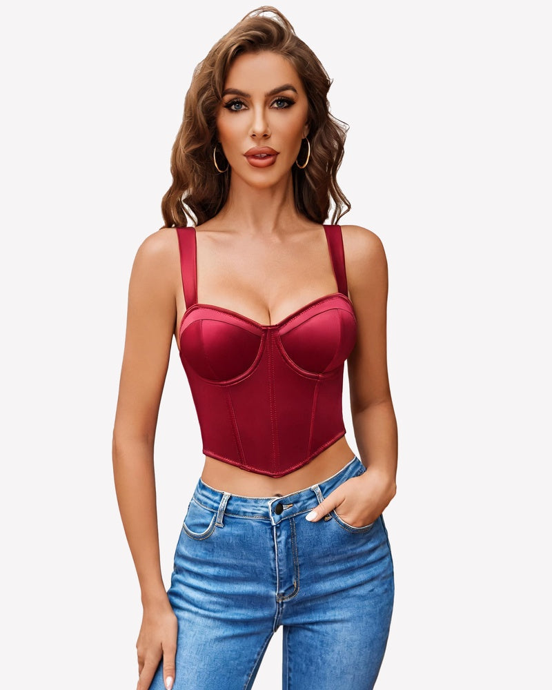 Wine red corset bustier crop top with underwire cups and thin adjustable straps