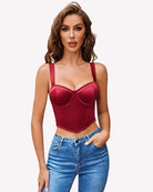 Wine red corset bustier crop top with underwire cups and thin adjustable straps