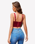 Wine red V-neck corset bustier crop top with boning and thin back straps