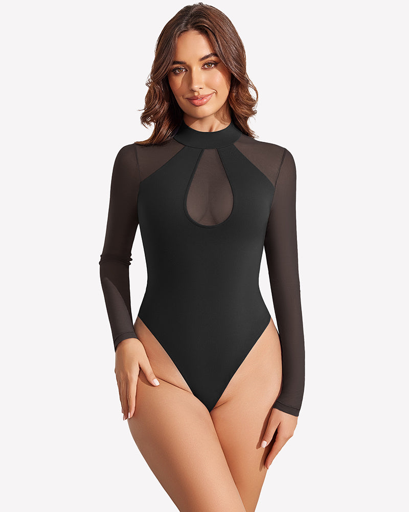 Black long-sleeve mesh bodysuit with high neck and teardrop sheer chest panel
