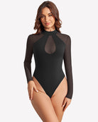Black long-sleeve mesh bodysuit with high neck and teardrop sheer chest panel
