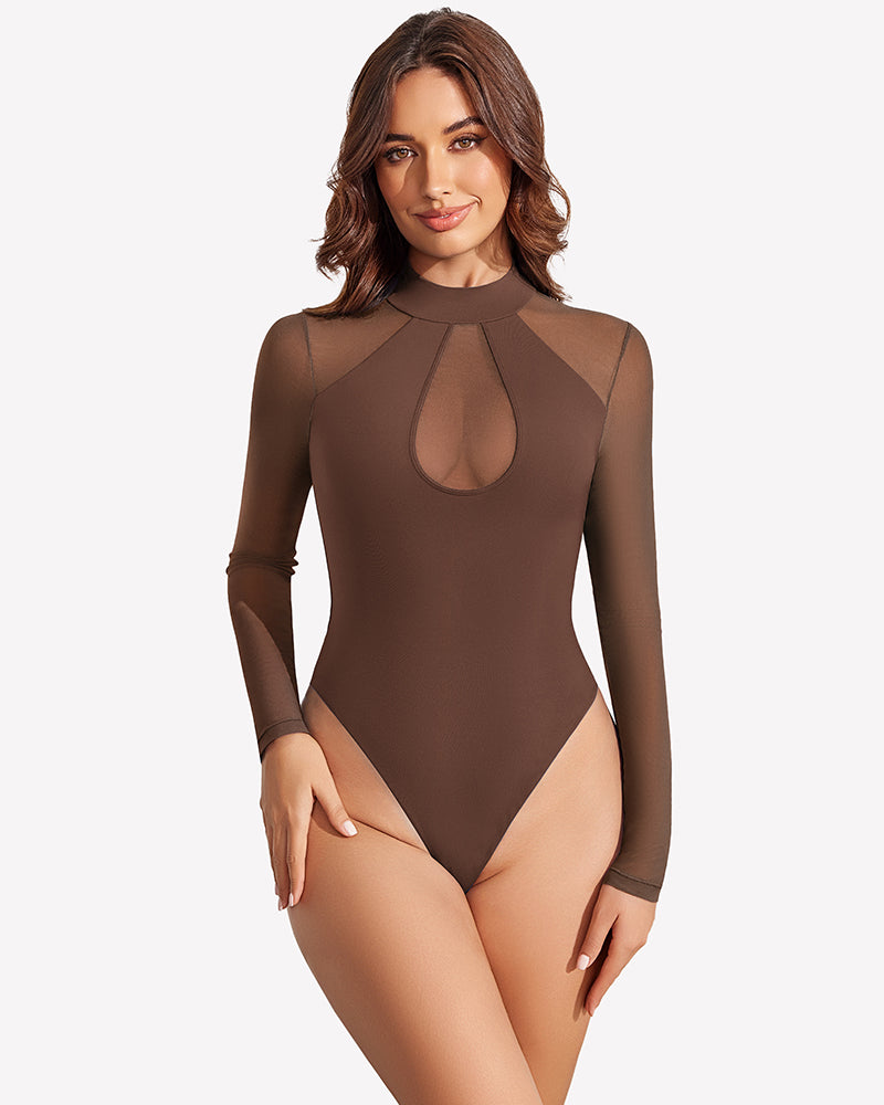 Brown long-sleeve mesh bodysuit with high neck and teardrop sheer chest panel