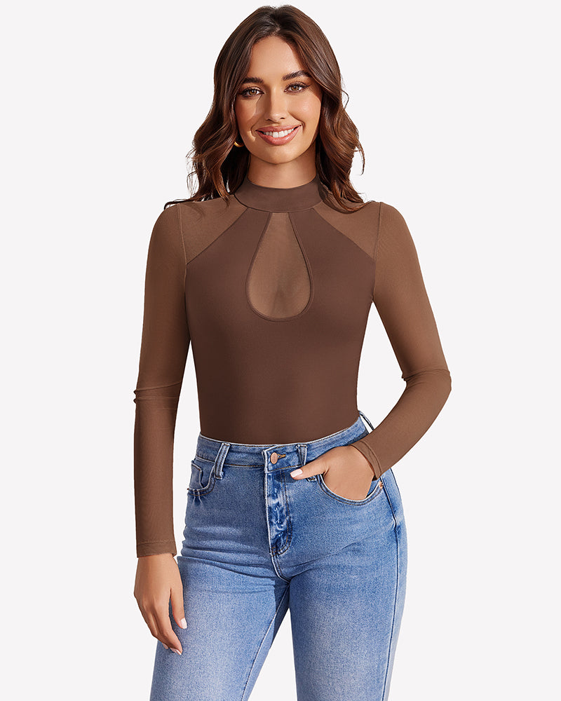 Brown long-sleeve mesh bodysuit with high neck and teardrop sheer chest panel