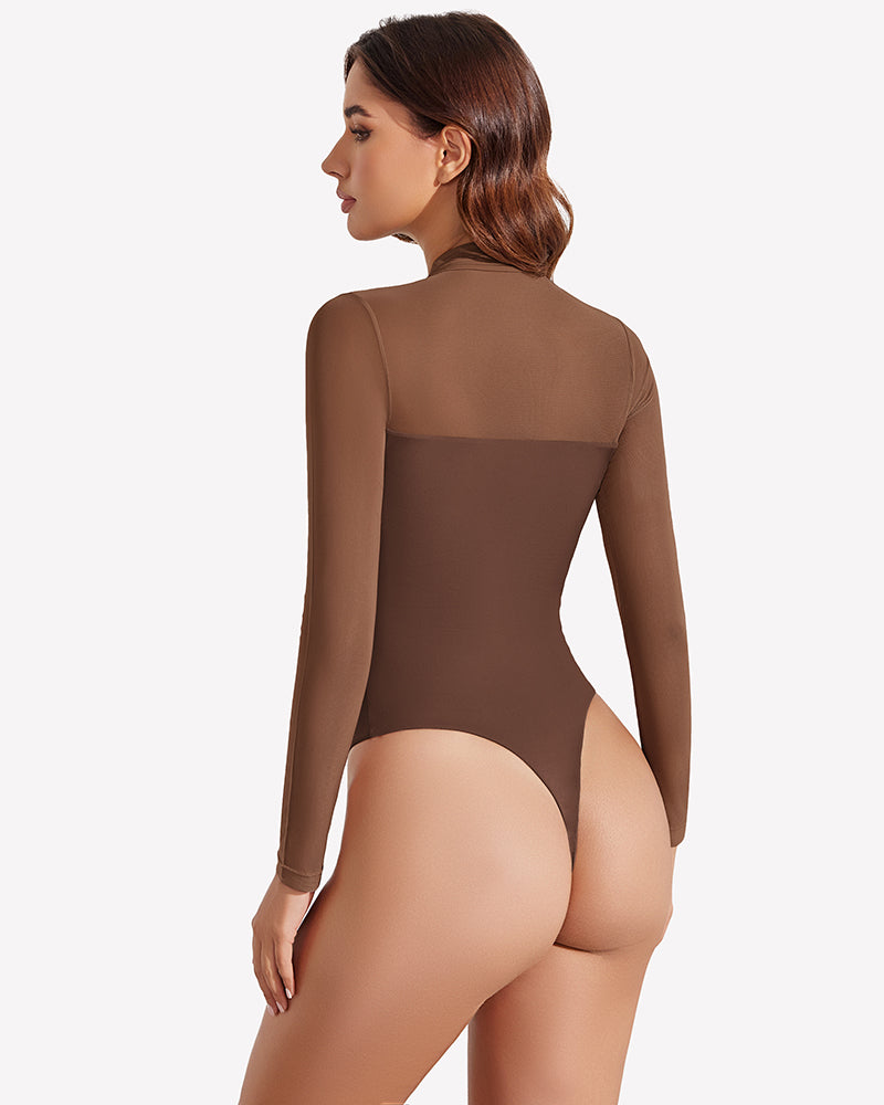 Brown long-sleeve mesh bodysuit back view with sheer side panels