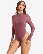 Burgundy long-sleeve mesh bodysuit with high neck and teardrop sheer chest panel