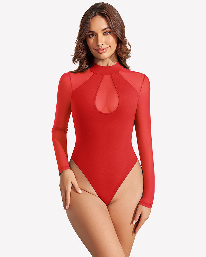 Red mesh long-sleeve bodysuit with teardrop panel and high-cut bottom