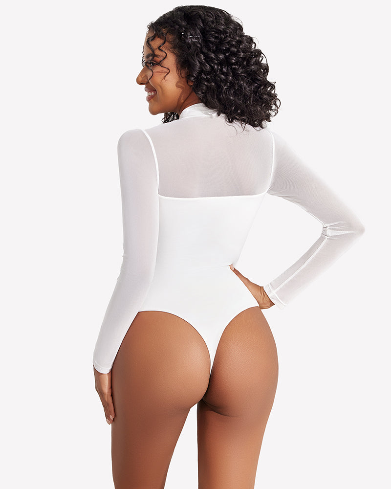 White mesh long-sleeve bodysuit with open-back cutout and high-leg fit