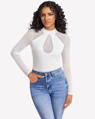 White mesh long-sleeve bodysuit with teardrop chest panel and fitted sleeves