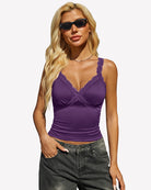Dark purple lace tank top with deep V neckline and scalloped trim