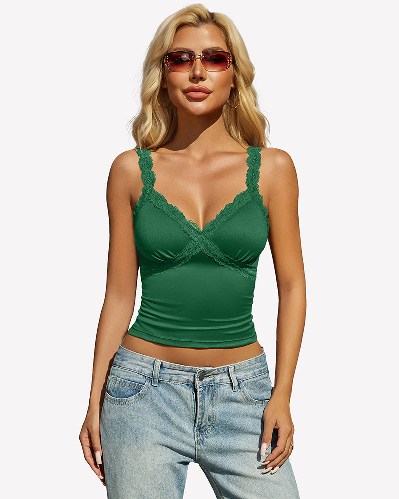 Green lace tank top with deep V neckline and scalloped trim