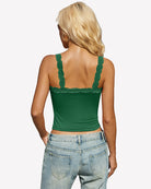 Green lace tank top with open-back lace straps and scalloped trim