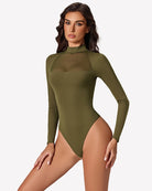 Olive green long-sleeve mesh bodysuit with high neckline and sheer front