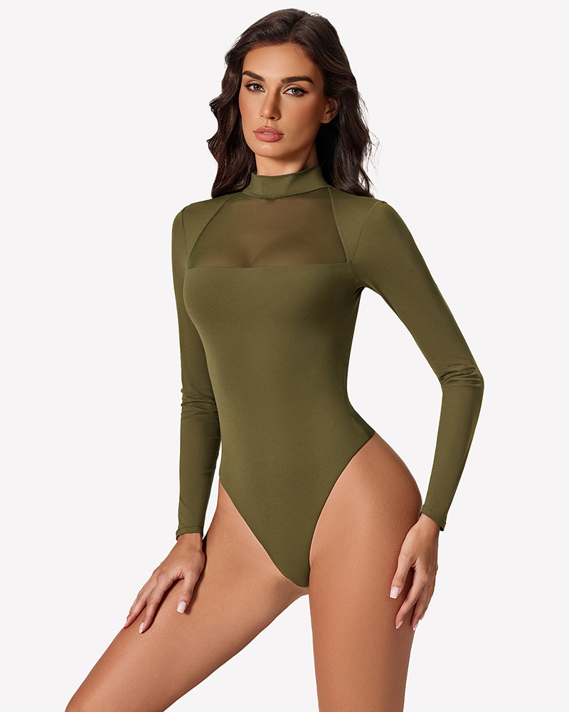 Olive green long-sleeve mesh bodysuit with high neckline and sheer front