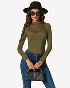 Olive green long-sleeve mesh bodysuit with high neckline and sheer chest