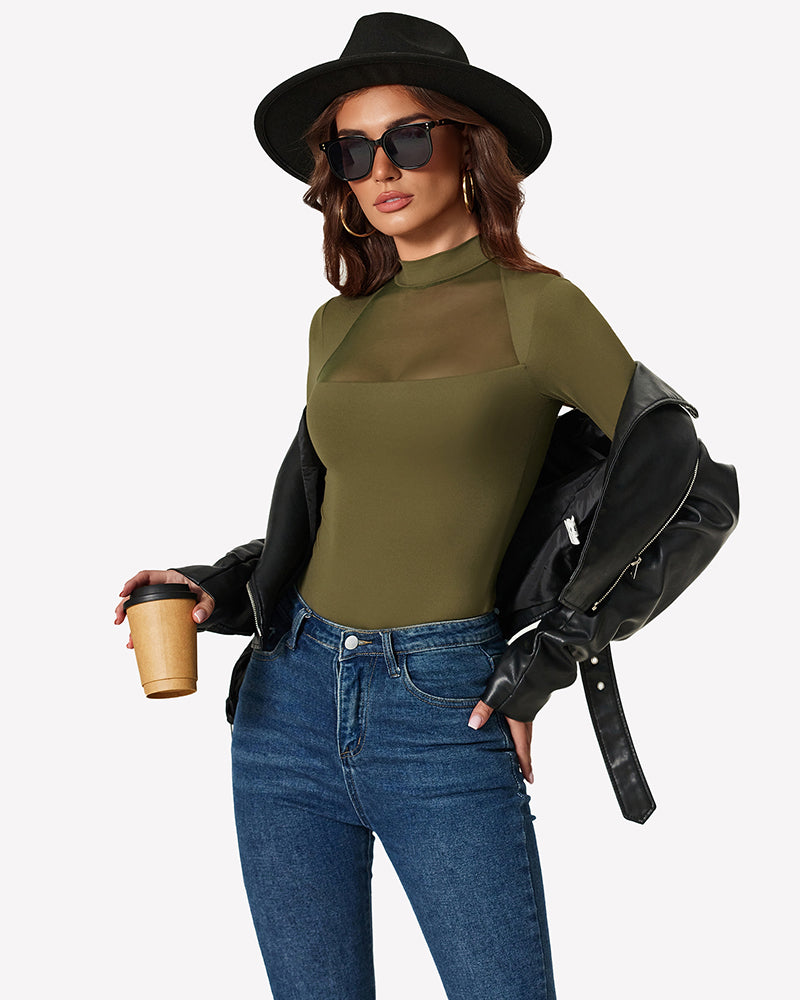 Olive green long-sleeve mesh bodysuit with high neckline, worn under jacket