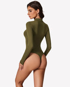 Olive green long-sleeve mesh bodysuit with high neckline, back view