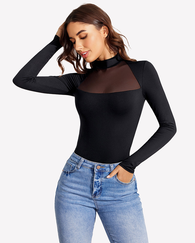 Black long-sleeve mesh bodysuit with high neckline and sheer chest panel