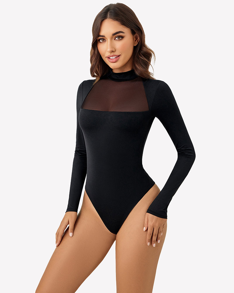 Black long-sleeve mesh bodysuit with high neckline and wide sheer front panel