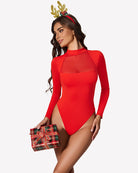 Red long-sleeve mesh bodysuit with high neckline and sheer front panel
