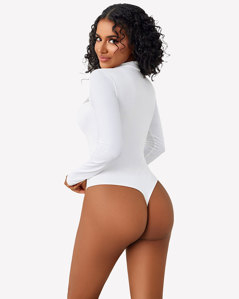 White long-sleeve bodysuit, side view with high neckline and thong cut
