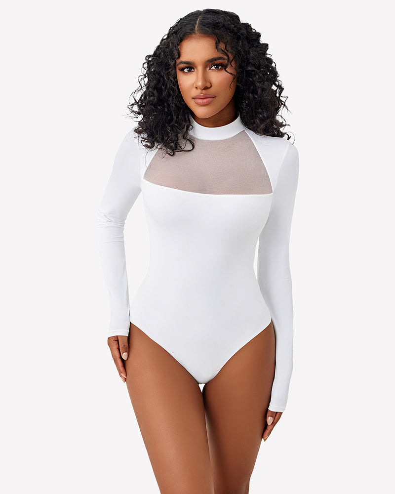White long-sleeve bodysuit with high neckline and sheer chest panel