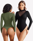 Green and black long sleeve mock turtleneck leotards with sheer V-neck chest panels