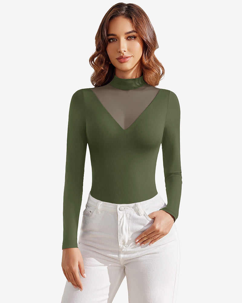 Dark olive green long sleeve mock turtleneck leotard with sheer V-neck chest panel