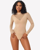 Nude long sleeve mock turtleneck leotard with sheer V-neck chest panel