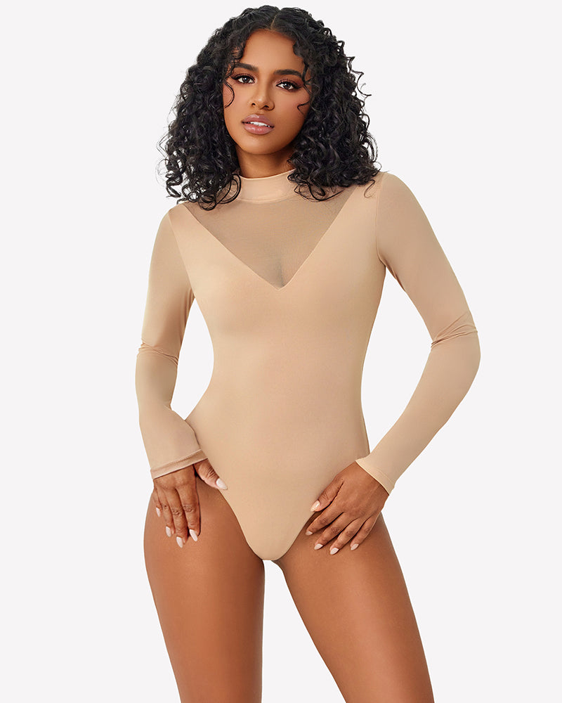 Nude long sleeve mock turtleneck leotard with sheer V-neck chest panel
