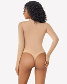 Nude long sleeve mock turtleneck leotard, back view