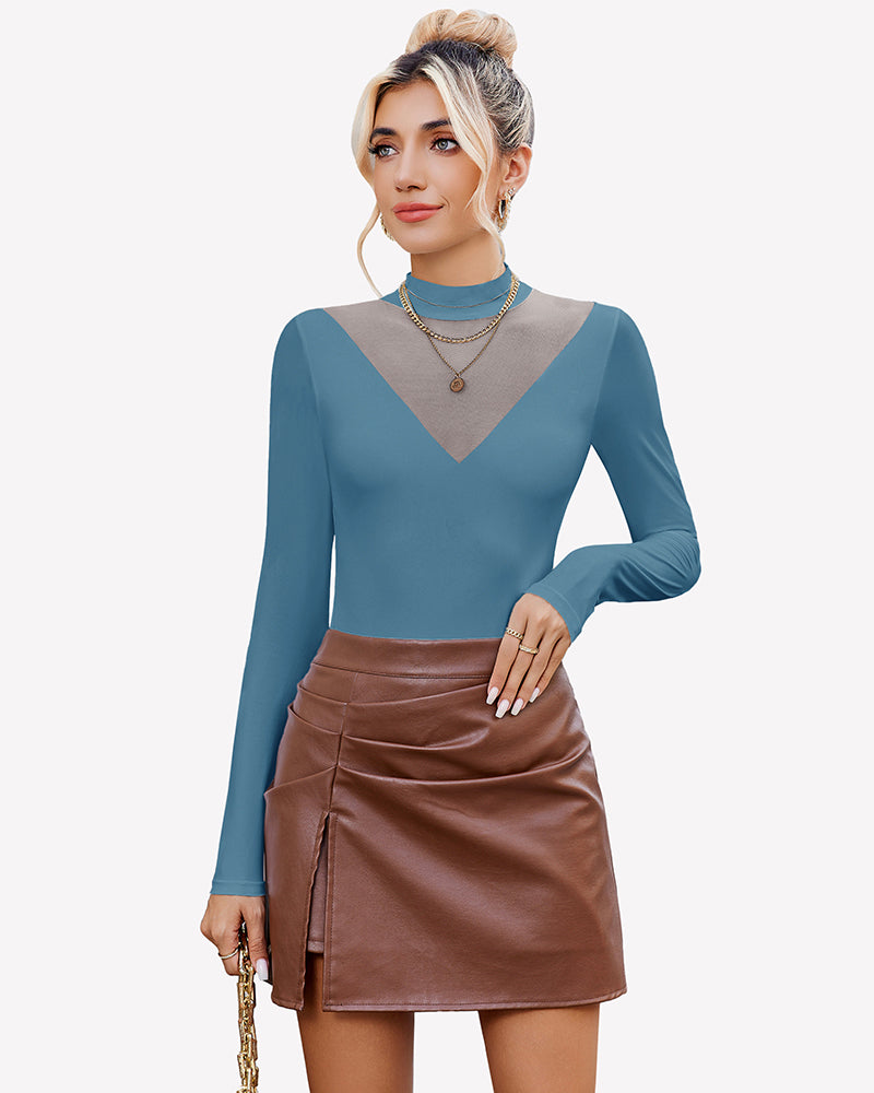 Cottage blue long sleeve mock turtleneck leotard with sheer V-neck chest panel