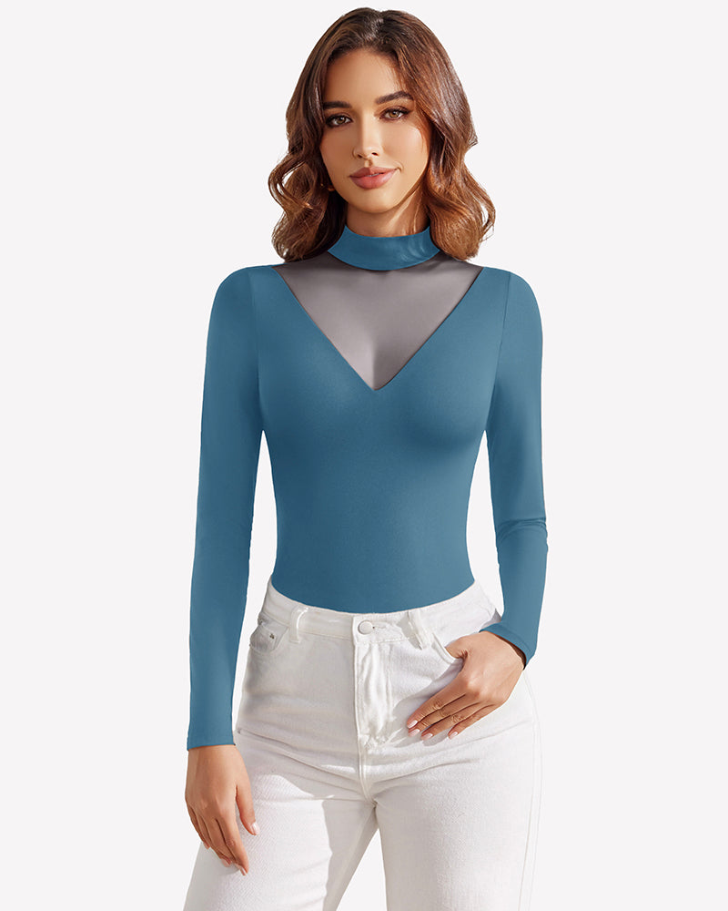 Cottage blue long sleeve mock turtleneck leotard with sheer V-neck chest panel