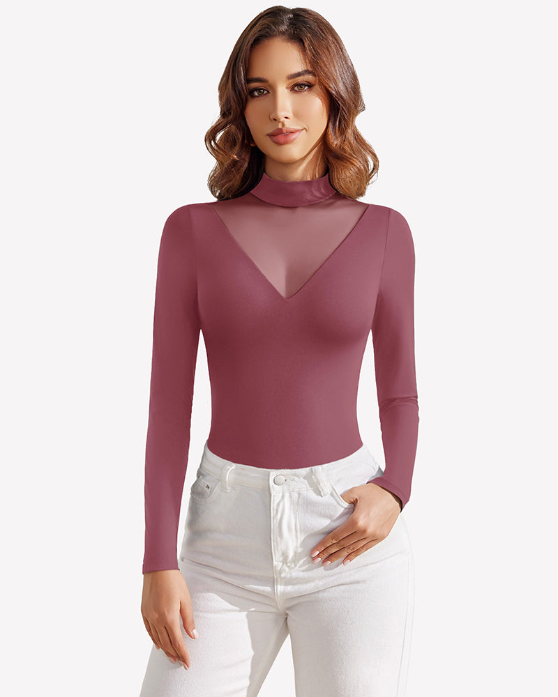 Long-sleeve mock turtleneck leotard in deep mauve, v-neck mesh panel detail