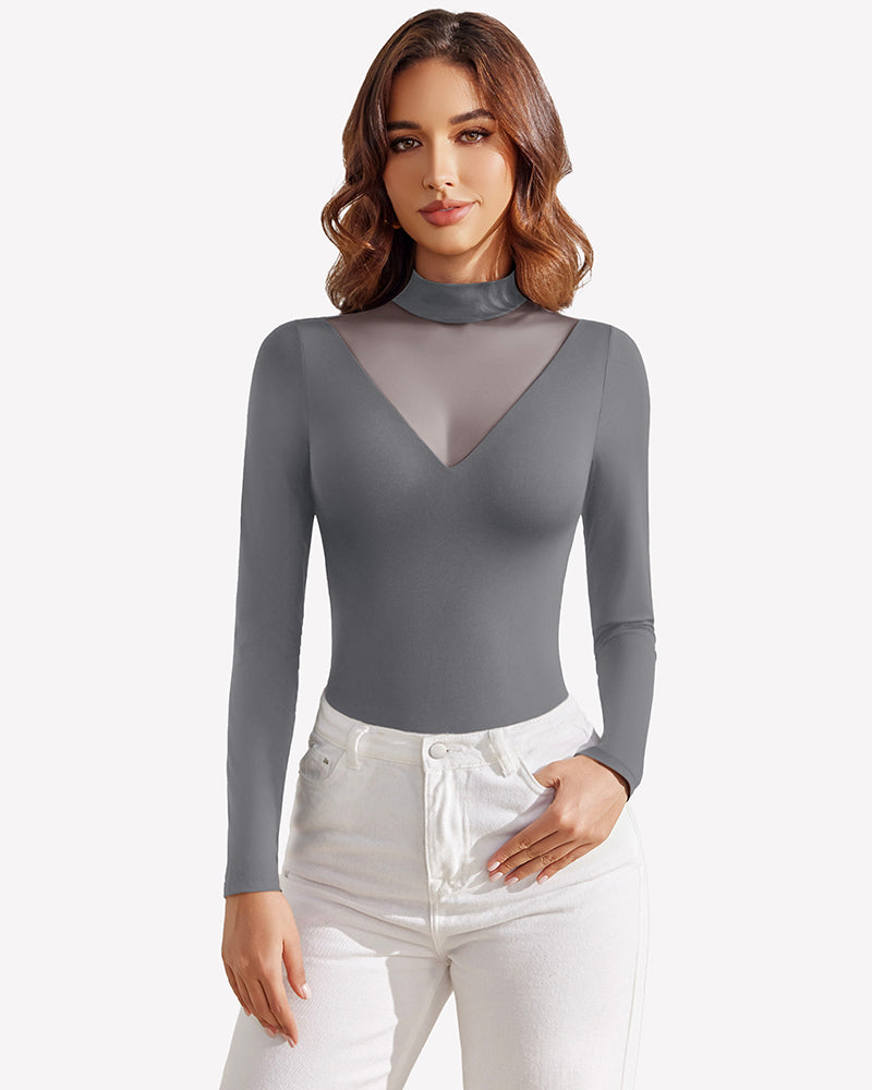 Long-sleeve mock turtleneck leotard in gray with v-neck mesh panel detail
