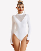 Long-sleeve mock turtleneck leotard in white with v-neck mesh panel
