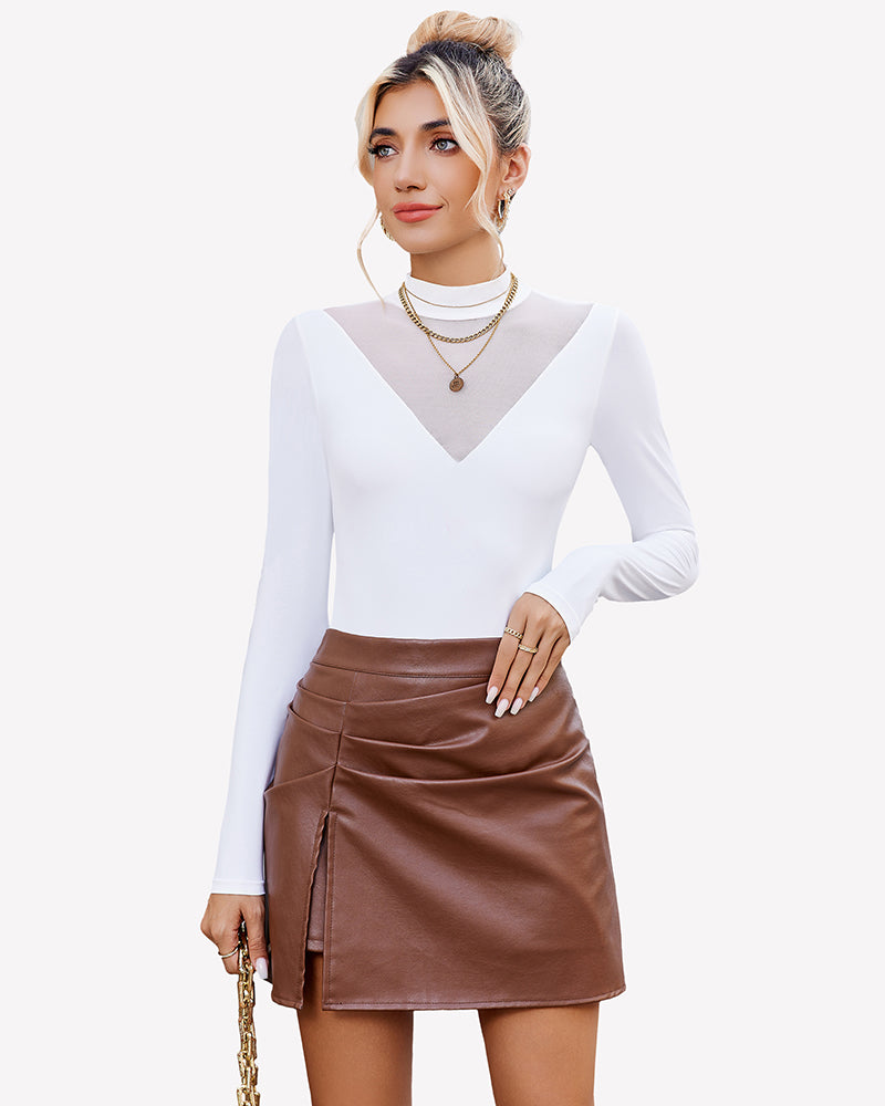 Long-sleeve mock turtleneck leotard in white with v-neck mesh panel