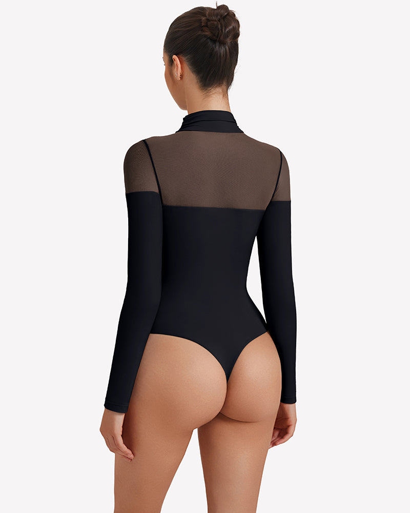 Black long-sleeve turtle leotard, back view, sheer back panels