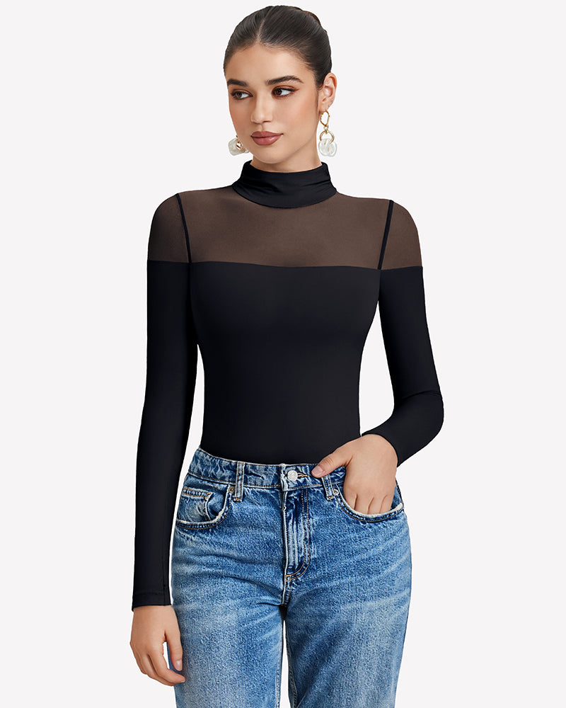 Black long-sleeve turtle leotard with high neck and sheer chest inset