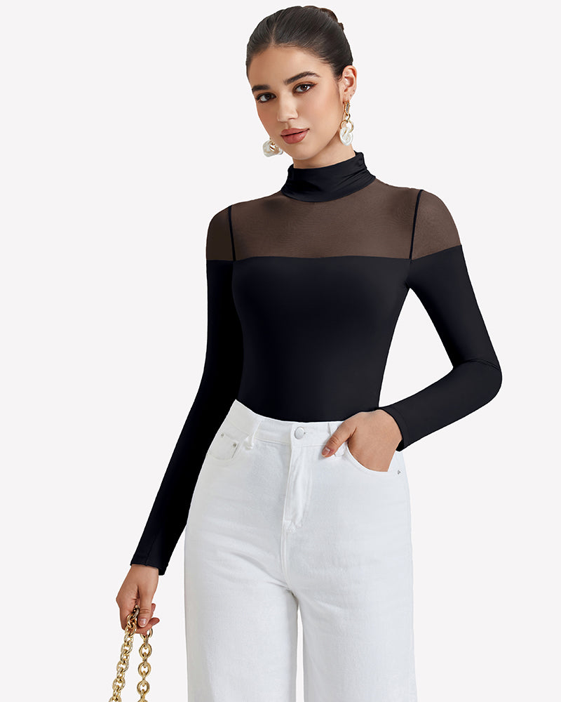 Black long-sleeve turtle leotard with high neck and sheer shoulder sections
