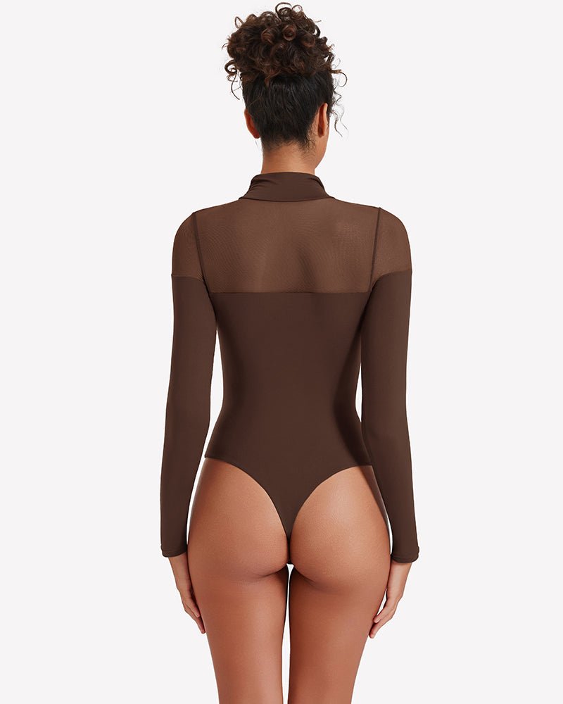 Brown long-sleeve turtle leotard, back view, sheer upper back panels