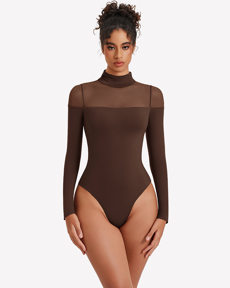 Brown long-sleeve turtle leotard with high neck and sheer panel detailing