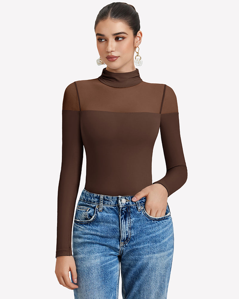 Brown long-sleeve turtle neck leotard top with sheer mesh panels