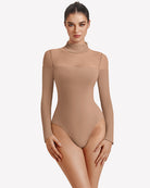 Nude long-sleeve turtle leotard with high neck and smooth stretch fit