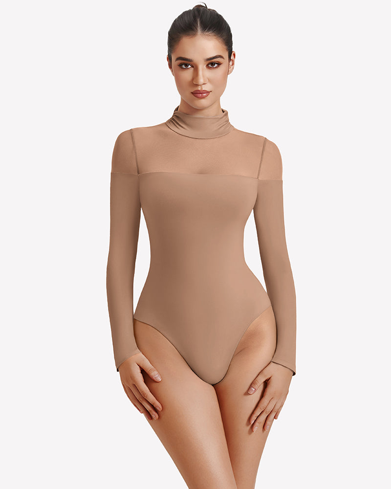Nude long-sleeve turtle leotard with high neck and smooth stretch fit