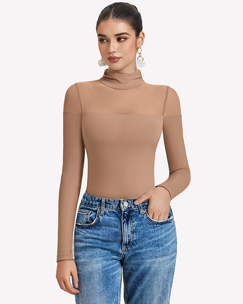 Nude brown long-sleeve turtle neck leotard top with sheer mesh panels