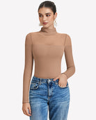 Nude brown long-sleeve turtle neck leotard top with sheer mesh panels
