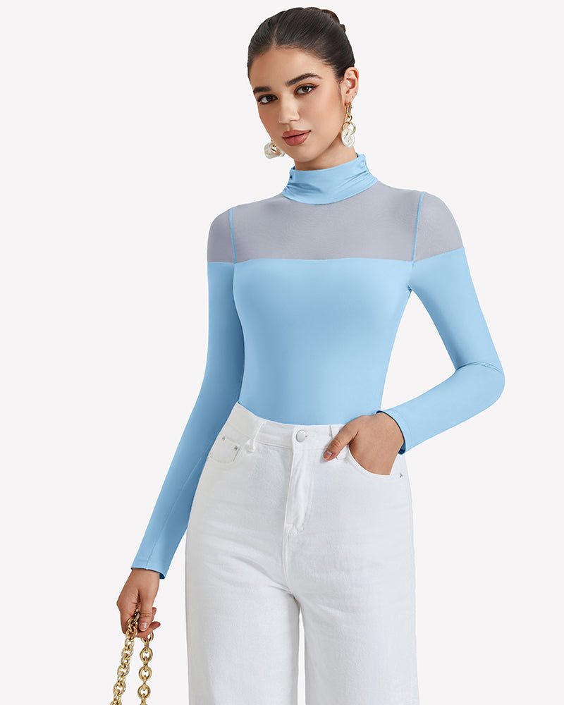 Light blue long-sleeve turtle leotard with high neck and sheer shoulder inserts