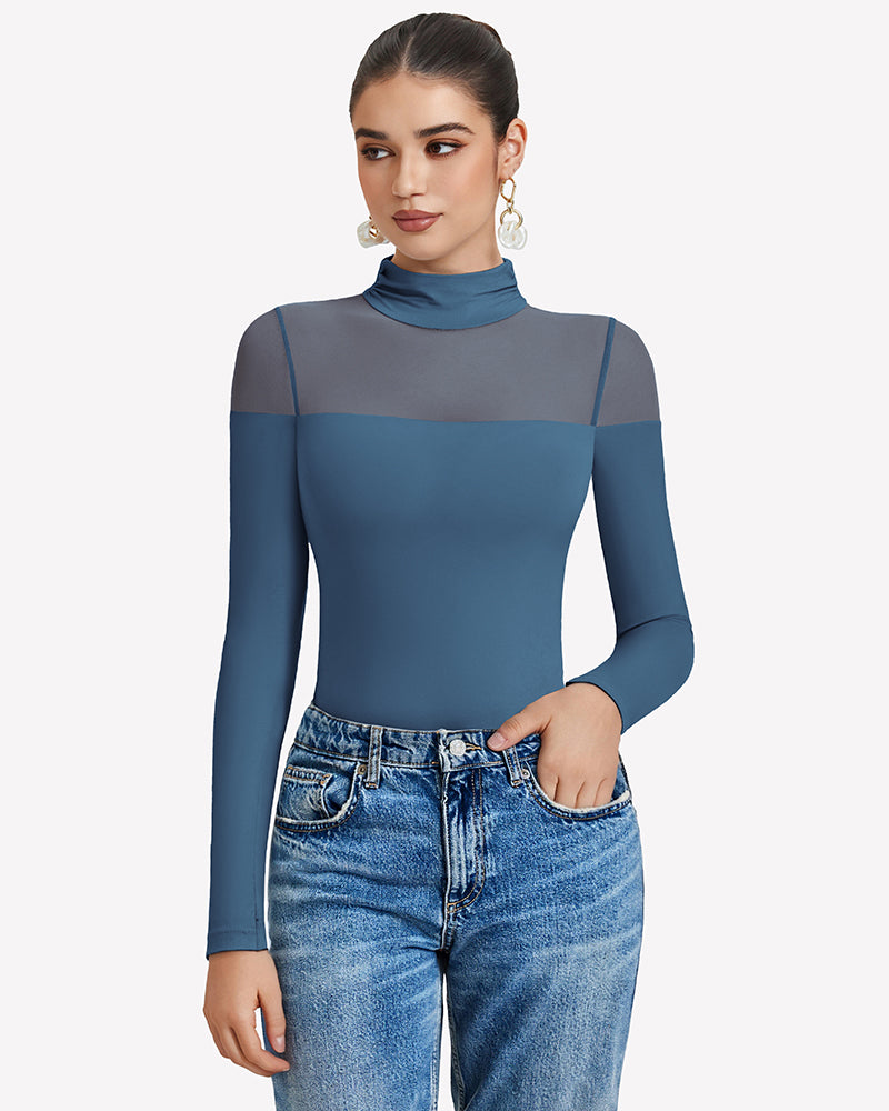 Dark blue long-sleeve turtle neck leotard top with sheer mesh panels