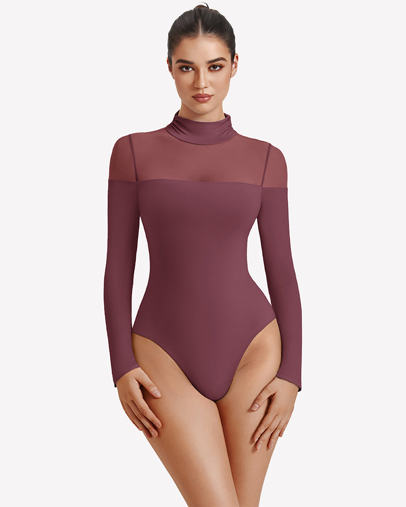 Long-sleeve turtle neck leotard in deep mauve with sheer side and back panels