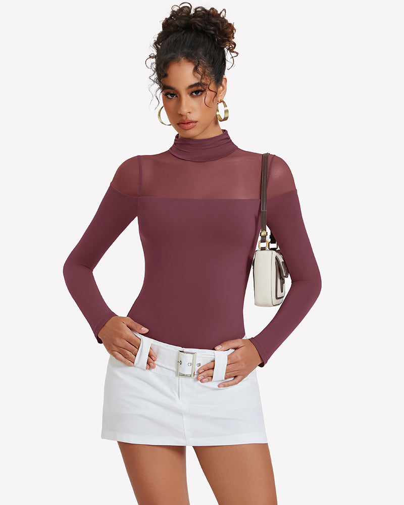 Long-sleeve turtle neck leotard in maroon with sheer mesh side panels